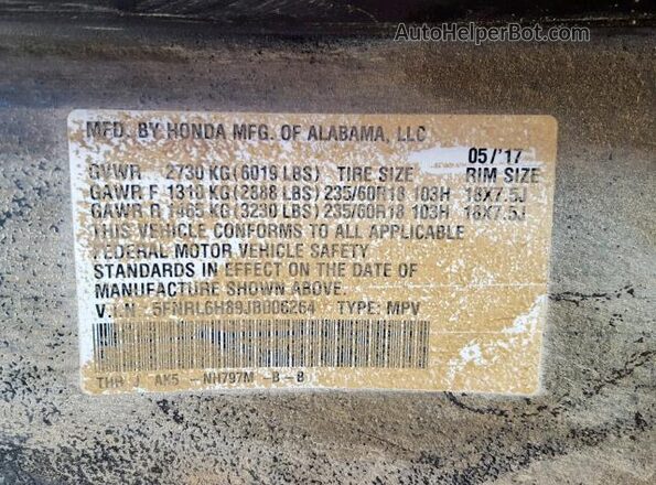 5FNRL6H89JB006264 2018 HONDA ODYSSEY Серый Вид подкапотного пространства