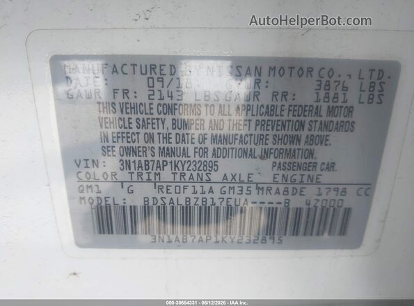3N1AB7AP1KY232895 2019 NISSAN SENTRA Белый Вид подкапотного пространства