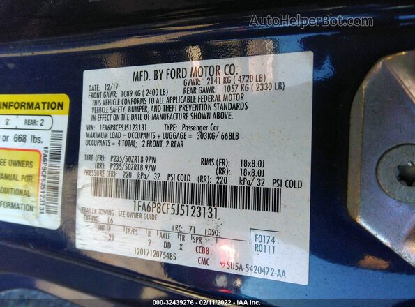 1FA6P8CF5J5123131 2018 FORD MUSTANG Blue 