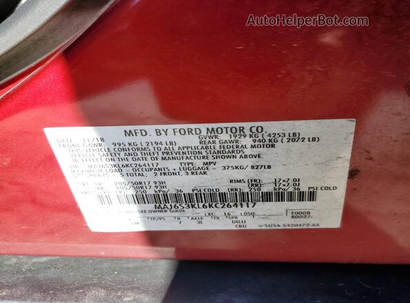 MAJ6S3KL6KC264117 2019 FORD ECOSPORT Red Вид наклейки з VIN-кодом