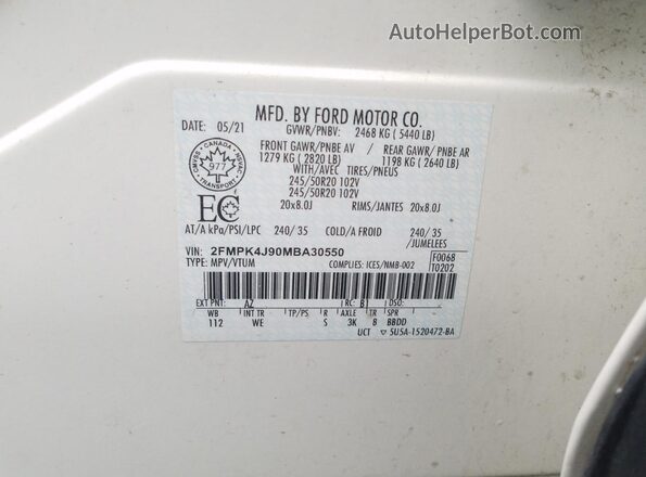 2FMPK4J90MBA30550 2021 FORD EDGE Белый 