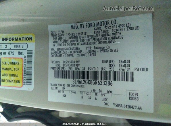 3LN6L2GK8GR633386 2016 LINCOLN MKZ Кремовый Вид подкапотного пространства