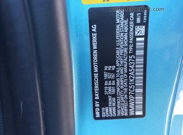 WMWXP7C51K2A54375 2019 MINI COOPER Blue 