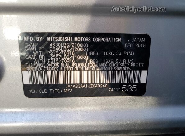 JA4AS3AA1JZ049240 2018 MITSUBISHI ECLIPSE Silver Widok naklejki z numerem VIN