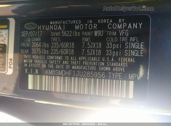 KM8SMDHF1JU285956 2018 HYUNDAI SANTA FE Gray 