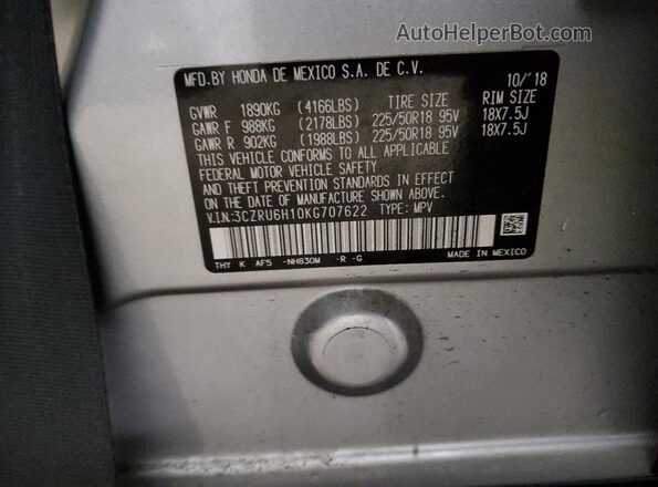 3CZRU6H10KG707622 2019 HONDA HR-V Silver Widok naklejki z numerem VIN