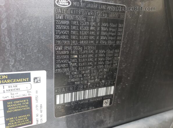 SALRT2RV1K2407804 2019 LAND ROVER DISCOVERY Gray VIN sticker view