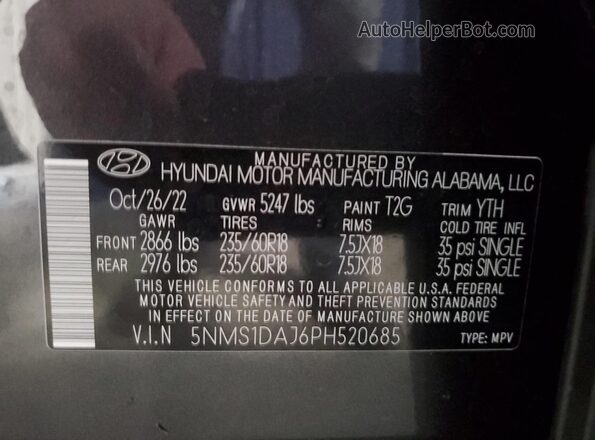 5NMS1DAJ6PH520685 2023 HYUNDAI SANTA Gray Вид наклейки з VIN-кодом