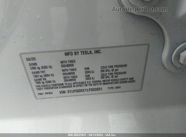 5YJYGDEE1LF033931 2020 TESLA MODEL Y White Вид підкапотного простору