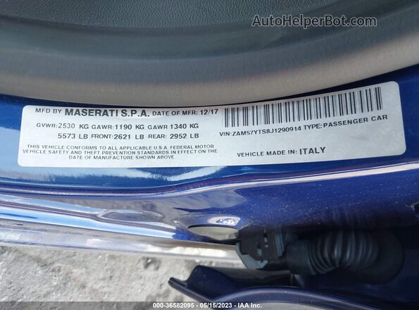 ZAM57YTS8J1290914 2018 MASERATI GHIBLI Blue Engine compartment view