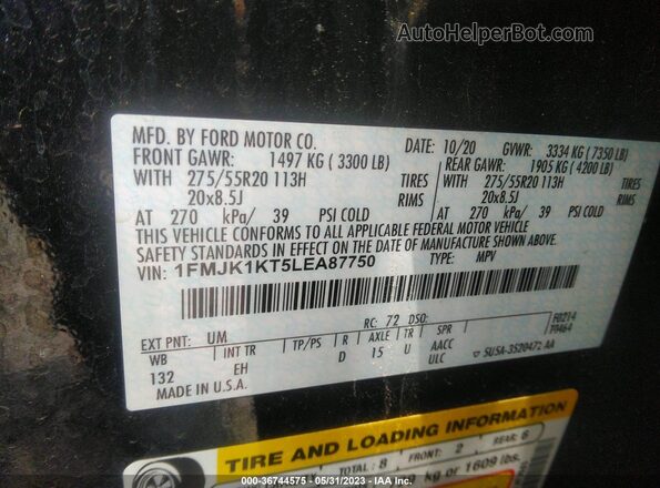 1FMJK1KT5LEA87750 2020 FORD EXPEDITION MAX Black ძრავის განყოფილების ხედი