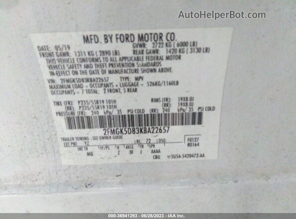2FMGK5D83KBA22657 2019 FORD FLEX White Vista del compartimento del motor