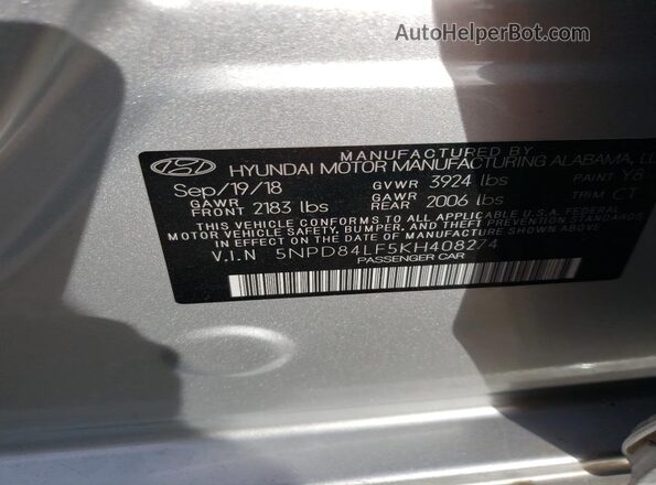 5NPD84LF5KH408274 2019 HYUNDAI ELANTRA White VIN կոդի պիտակի տեսք