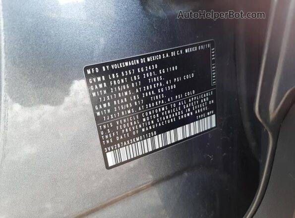 3VV2B7AX3KM011258 2019 VOLKSWAGEN TIGUAN Blue Вид наклейки з VIN-кодом