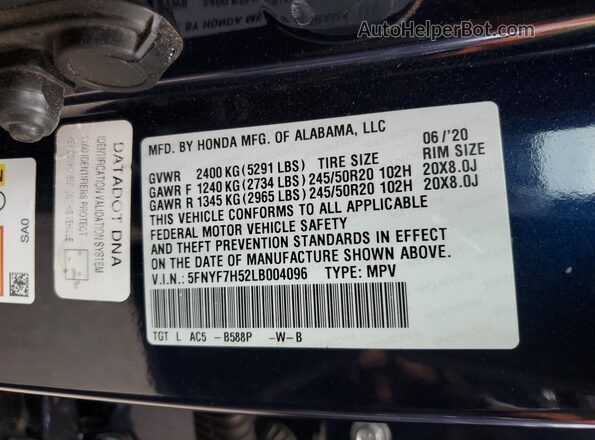 5FNYF7H52LB004096 2020 HONDA PASSPORT Blue Engine compartment view