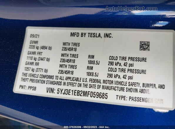 5YJ3E1EB2MF059685 2021 TESLA MODEL 3 Синий Вид подкапотного пространства