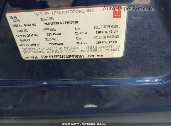 5YJXCBE23GF018161 2016 TESLA MODEL X Blue ძრავის განყოფილების ხედი