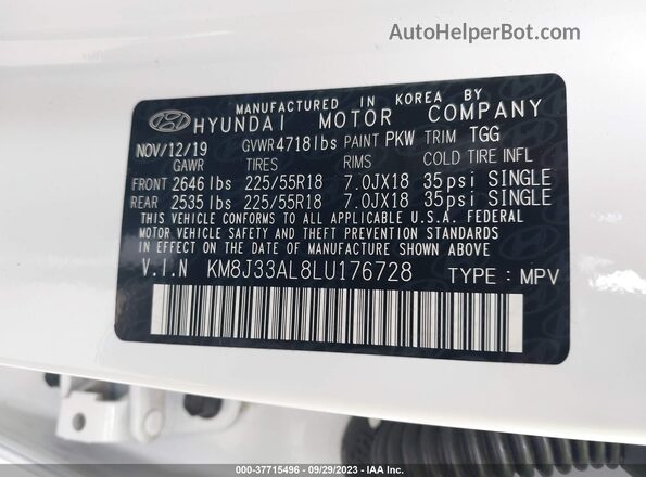 KM8J33AL8LU176728 2020 HYUNDAI TUCSON White ძრავის განყოფილების ხედი