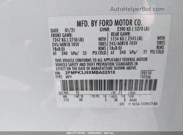 2FMPK3J9XMBA02510 2021 FORD EDGE Белый Вид подкапотного пространства