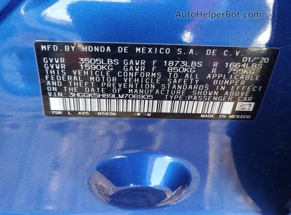 3HGGK5H89LM706905 2020 HONDA FIT Blue Вид наклейки з VIN-кодом