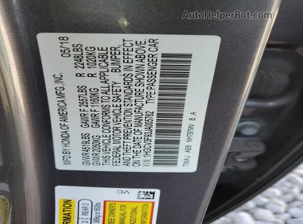 1HGCV3F93JA005762 2018 HONDA ACCORD Gray Engine compartment view