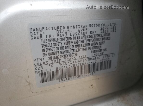 3N1AB7AP3KY300789 2019 NISSAN SENTRA Gray VIN կոդի պիտակի տեսք