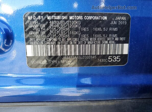 JA4AS3AA5LZ002845 2020 MITSUBISHI ECLIPSE Blue VIN կոդի պիտակի տեսք