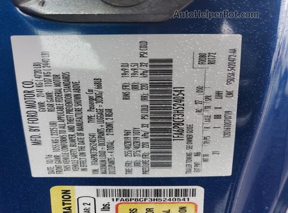 1FA6P8CF3H5240541 2017 FORD MUSTANG Синий Вид наклейки с VIN-кодом