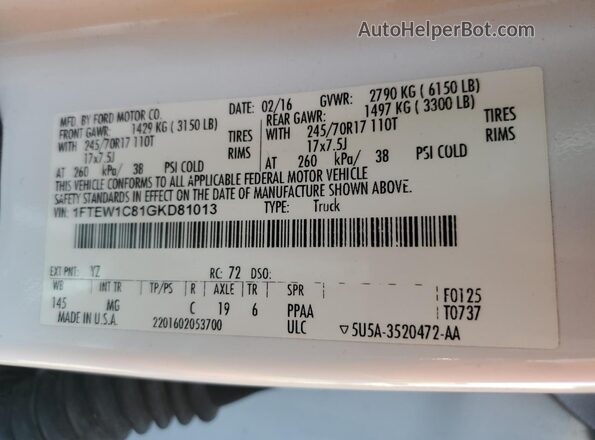 1FTEW1C81GKD81013 2016 FORD F150 White Engine compartment view