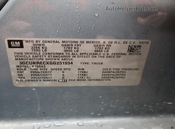 3GCUKRECXGG231934 2016 CHEVROLET SILVERADO Blue Շարժիչի բաժամունքի տեսք