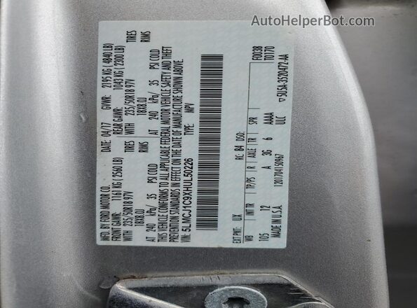 5LMCJ1C9XHUL50226 2017 LINCOLN MKC Silver VIN კოდის სტიკერის ხედი