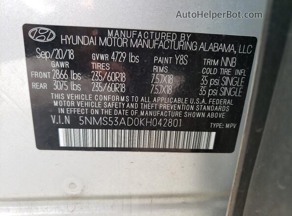 5NMS53AD0KH042801 2019 HYUNDAI SANTA Silver VIN կոդի պիտակի տեսք