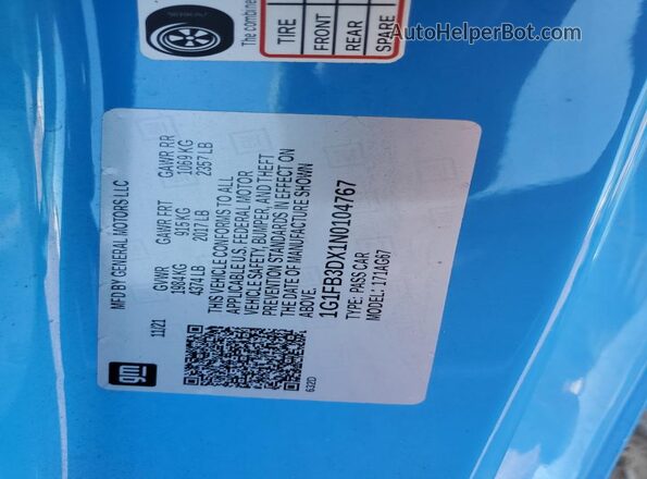 1G1FB3DX1N0104767 2022 CHEVROLET CAMARO Blue 