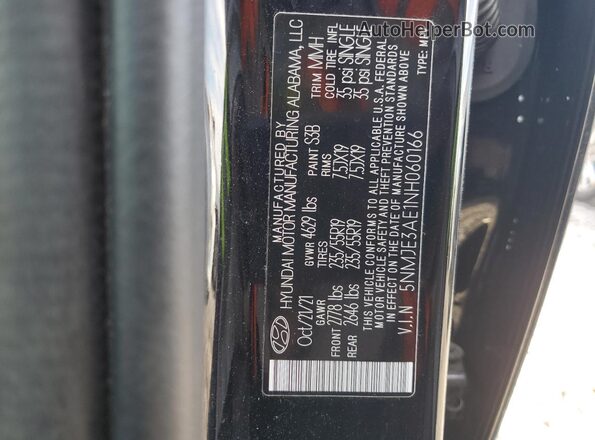 5NMJE3AE1NH060166 2022 HYUNDAI TUCSON Black VIN sticker view