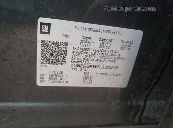 1GNERGKW7LJ323246 2020 CHEVROLET TRAVERSE Charcoal Вид наклейки з VIN-кодом