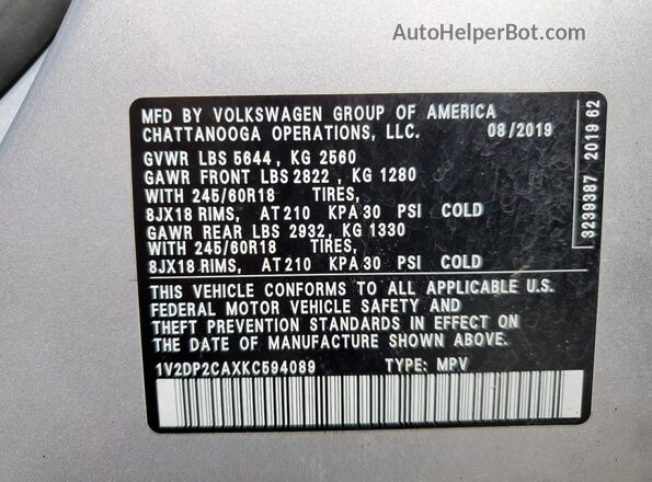 1V2DP2CAXKC594089 2019 VOLKSWAGEN ATLAS Silver Widok naklejki z numerem VIN