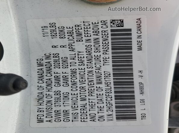 2HGFC2F83LH517627 2020 HONDA CIVIC Белый Вид наклейки с VIN-кодом