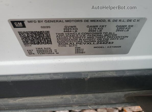 3GKALPEVXLL244243 2020 GMC TERRAIN White Engine compartment view