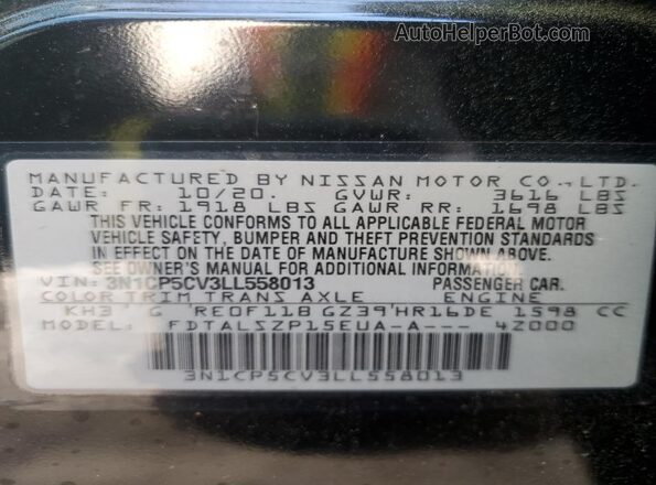 3N1CP5CV3LL558013 2020 NISSAN KICKS Black VIN կոդի պիտակի տեսք