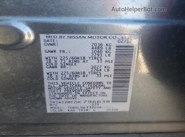 5N1AT2MT2HC796638 2017 NISSAN ROGUE Green VIN կոդի պիտակի տեսք