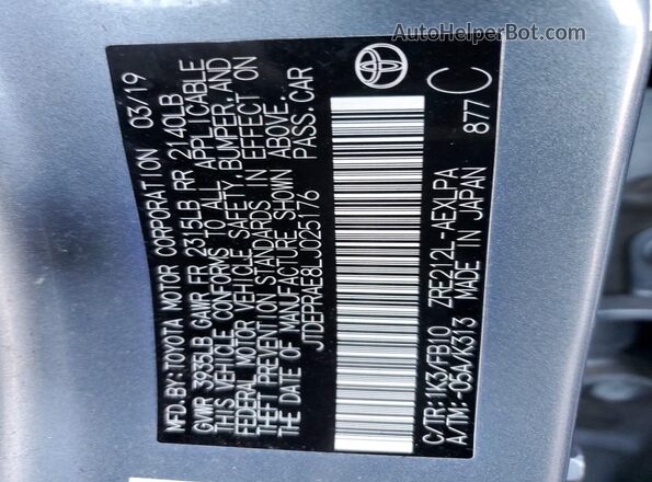 JTDEPRAE8LJ025176 2020 TOYOTA LL Blue Вид наклейки з VIN-кодом