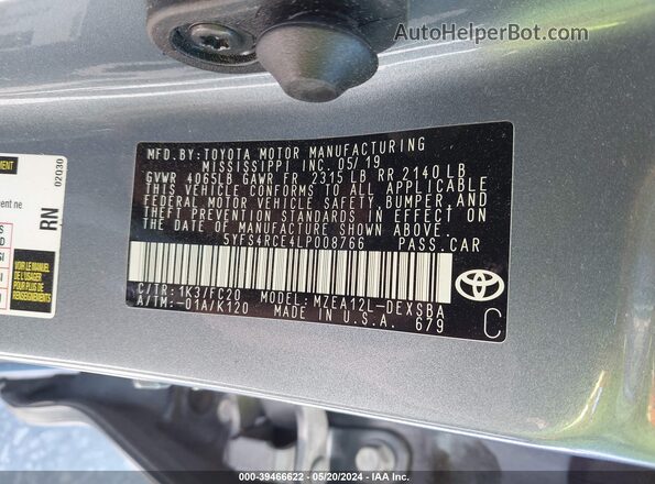 5YFS4RCE4LP008766 2020 TOYOTA LL Blue Vista del compartimento del motor