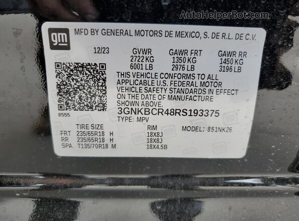 3GNKBCR48RS193375 2024 CHEVROLET BLAZER Black Vista de la etiqueta del VIN
