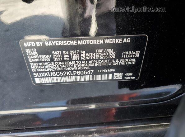 5UXKU6C52KLP60647 2019 BMW X6 Black Вид наклейки з VIN-кодом