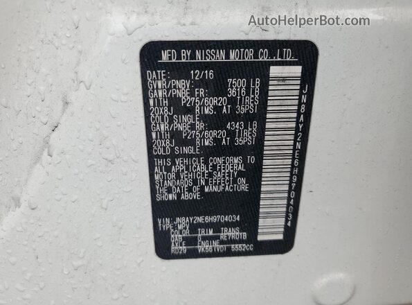 JN8AY2NE6H9704034 2017 NISSAN ARMADA White VIN კოდის სტიკერის ხედი