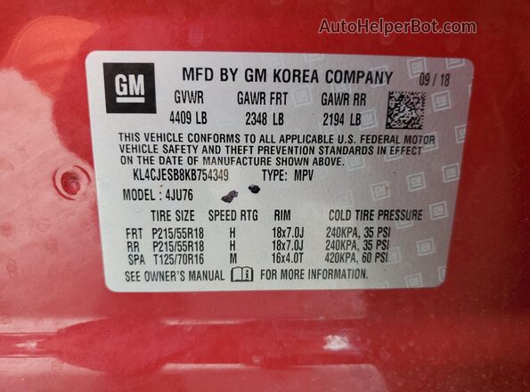 KL4CJESB8KB754349 2019 BUICK ENCORE Burgundy Widok naklejki z numerem VIN