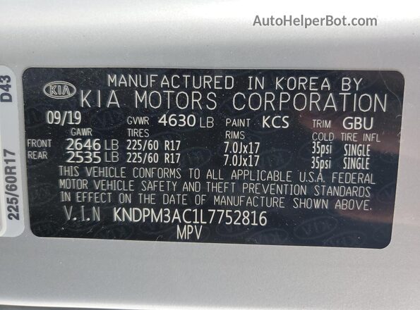 KNDPM3AC1L7752816 2020 KIA SPORTAGE Silver Widok naklejki z numerem VIN