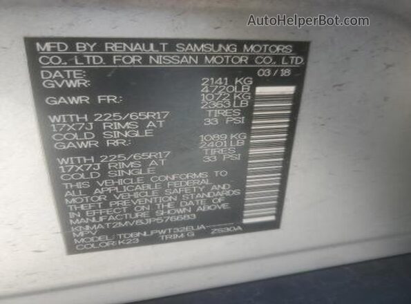 KNMAT2MV8JP576683 2018 NISSAN ROGUE Gray VIN კოდის სტიკერის ხედი
