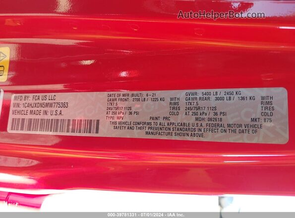 1C4HJXDN5MW775363 2021 JEEP WRANGLER UNLIMITED Красный Вид подкапотного пространства