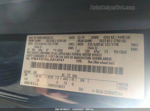 1FBAX2C88LKA14741 2020 FORD PASSENGER Black Engine compartment view